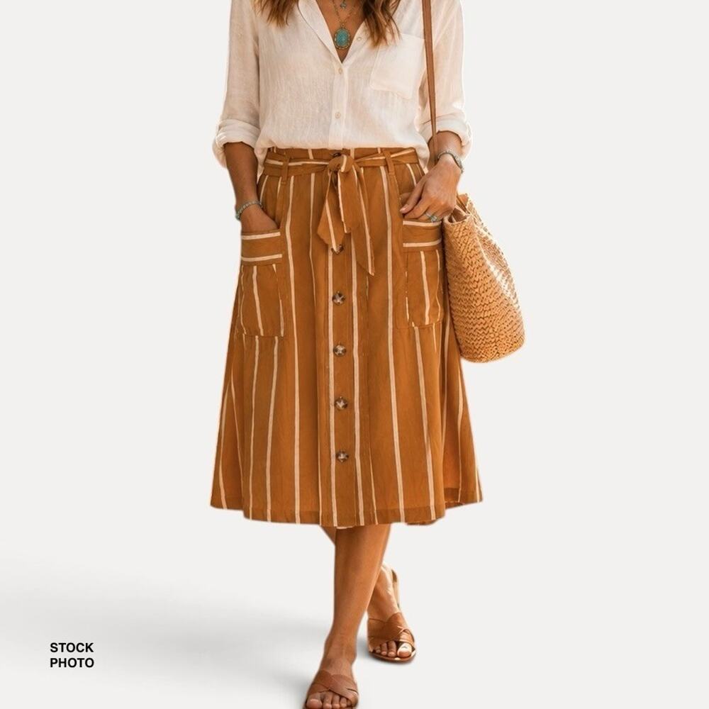 Indigo Rising Linen Blend Midi Skirt M Camel Stripe Button Front Tie Belt Boho